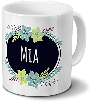printplanet Tasse mit Namen Mia - Motiv Flowers - Namenstasse, Kaffeebecher, Mug, Becher, Kaffeetasse - Farbe Weiß