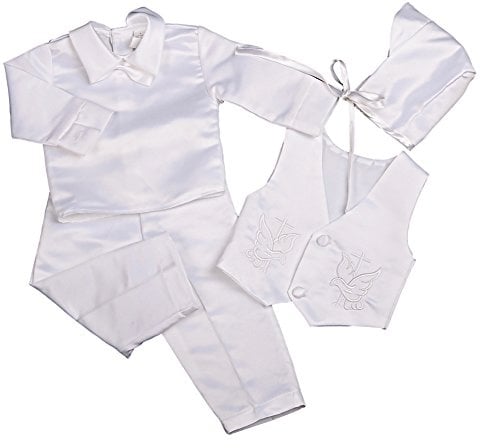 Lito Angels Satin Taufkleidung Taufanzug für Baby Junge, 4 Teiliges Taufe Weiss Anzug Set mit Taufhaube, Langarm/Kurzarm