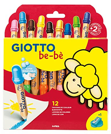GIOTTO be-bè Jumbo-Farbstift, auswaschbare Farbstifte, Jumbo Mine 7 mm, Kartonetui, 12 sortierte Farben, mit Spitzer