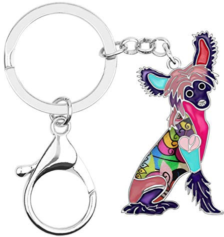 BONSNY Emaille Metall Herz Strass Chinesisch Wappen Hund Schlüsselanhänger für Frauen Kinder Auto Handtasche Ringe Reize Haustiere Geschenk (Lila)