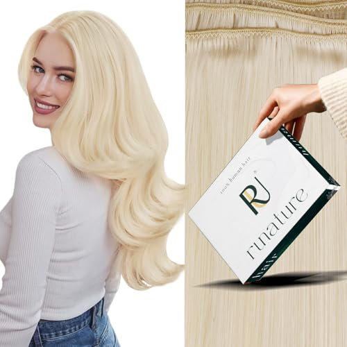 RUNATURE Echthaar Tressen Zum Einnähen Weissblond Haartressen Echthaar Weiße Blondine Extensions Echthaar Tressen Glatt Weaving Extensions 30cm 12 Zoll 70g #800