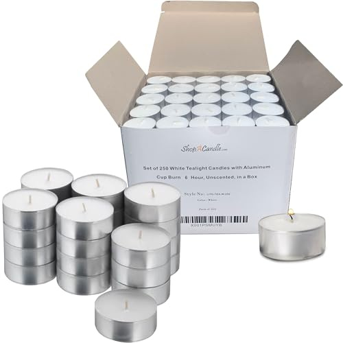 Lot de 250 bougies chauffe-plat dans des tasses en métal (Blanc) 6 heures de combustion (Bougies chauffe-plat non parfumées)