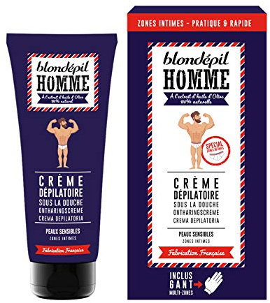 BLONDEPIL HOMME Enthaarungscreme und Peelinghandschuh Intimzone Extra für empfindliche Haut, 100 ml