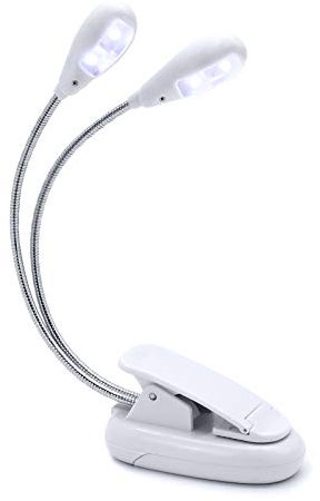 Music Stand Light, White Clip on LED Book Lights, USB and AAA Battery Operated, Reading Lamp in Bed, 4 Brightness Levels, Ideal for Musician, Piano Player, Kids, Travel (Dual Arm)
