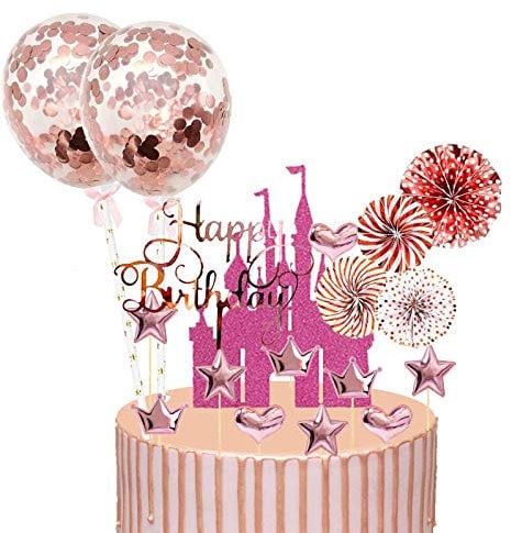 24 Stück Happy birthday Tortendeko Kuchendeko Geburtstag Rosegold,Glitter Cake Topper Happy Birthday,Cupcake Topper Geburtstag für Mädchen Kinder mit Sternen,Ballon und Papierfächer Rosegold