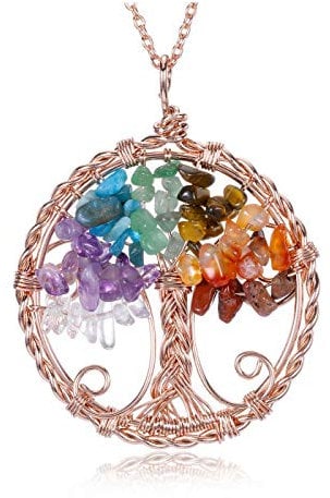 JOVIVI 7 Chakra Tree of Life Healing Crystals Stones Pendant Necklace Rose Gold Wire Wrapped Natural Rainbow Quartz Gemstones Reiki Necklace Jewellery for Women Mothers Day Mum Gifts