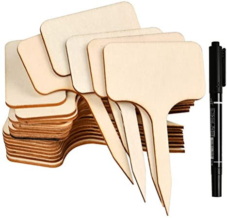 QUPLMGE 50 Pezzi targhette Etichette per Piante, Marcatori di Piante in bambù Etichetta con Pennarello 1pz per Piante Marcatori a T in Legno per Piante in Vaso Accessori per Serre, Semi da Giardino