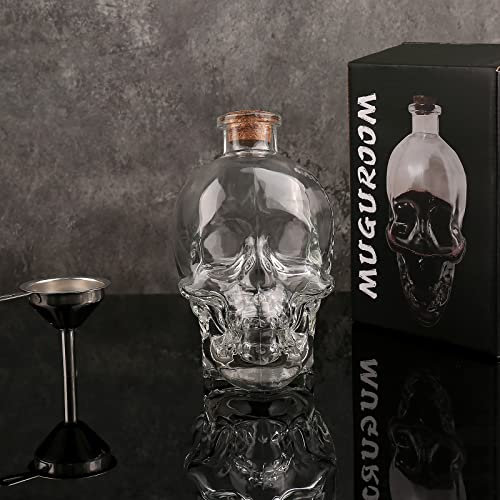 muguroom Skull Decanter Crystal Glass Skull Bottle 750ml Whiskey Bourbon Gothic Bottle with Wooden Stopper Stainless Steel Funnel