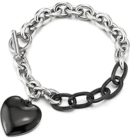 COOLSTEELANDBEYOND Silber Schwarz Rolo Kette Charm-Armband, Gliederarmband Edelstahlarmband mit Puff Herz, Poliert