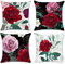 Bonhause 4er Set Kissenbezüge Rote Rose Blumen 45 x 45 cm Samt Soft Dekorative Kissenhülle Zierkissenbezüge für Sofa Schlafzimmer Wohnzimmer Auto Zuhause Dekoration