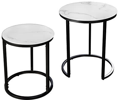 riess-ambiente.de Design Beistelltisch Elegance 2er Set weiß rund Kristallglas mit Marmor-Dekor schwarzes Gestell