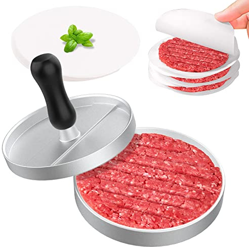 GeeRic Burgerpresse Antihaft mit 100 Patty Papieren, Robuste Hamburger Presse aus Aluminium für Grill,11 cm, Spülmaschinengeeignet