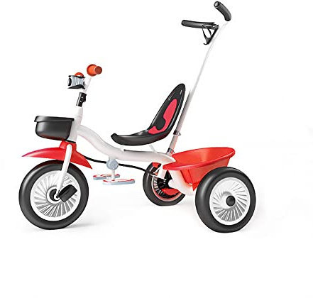 Kinderdreirad mit Lenkbarer Schubstange, 2 in 1 Kinder Dreirad ab 1 Jahr mit Gummireifen, Fußablage Abnehmbarer, Korb, Kinderdreirad Fahrrad für Kinder ab 15 Monaten (Weiß Rot)