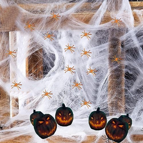 Dsplopk 1200 FT Spinnennetz Halloween Deko, 300g Spinnennetz + 60 orange Leine Spinnen Halloween Party Deko Spinnen Deko Karneval Spinne Halloween Türdeko Decorations Set Outdoor