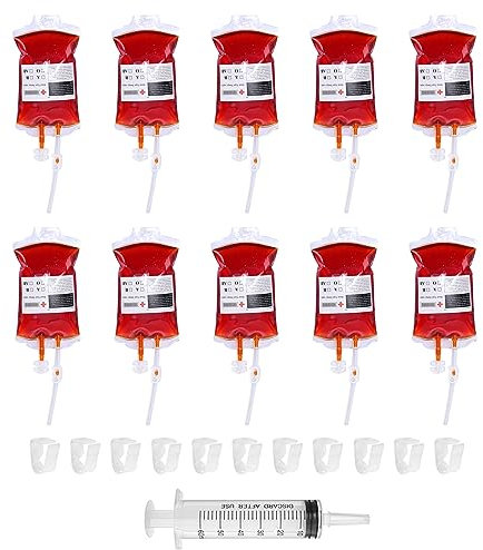 10 Stk 350ml Halloween Blutbeutel,Blutbeutel für Getränke,Halloween Trinkgefäß Blutbeutel Zum Befüllen Blutbeutel IV Taschen Getränkebehälter mit Spritze Clips Blutart Aufkleber für Halloween Zombie