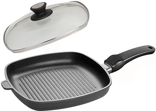 SKK 2-tlg. Grillpfanne 28x28 cm - ohne Induktion - eckige beschichtete Aluguss Bratpfanne Griff abnehmbar & Edelstahlrand-Deckel - Made in Germany
