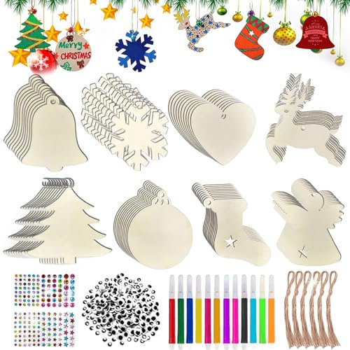 Juego de 224 colgantes de madera para decoración de árbol de Navidad, para pintar, manualidades, Navidad, niños, juego de manualidades navideñas, decoración navideña, decoración de árbol de Navidad,