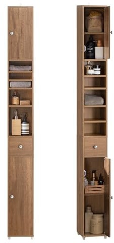 SoBuy Tall Bathroom Cabinet 20cm, Slim Bathroom Storage Unit Freestanding, Water-Resistant with Adjustable Shelves and Drawer,Compact Storage Cupborad, Natural color, W20 x D20 x H180cm BZR34-II-PF
