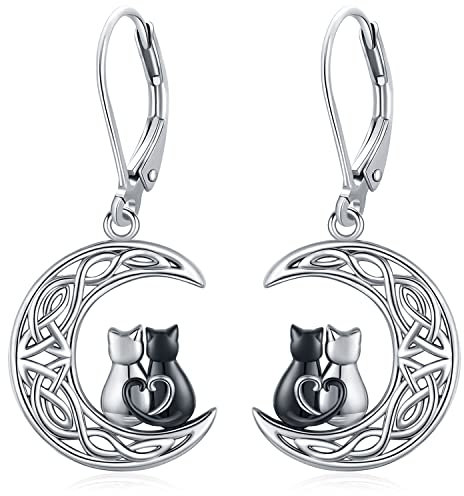 Katze Ohrringe, Damen Ohrringe 925 Sterling Silber Leverback Drop Schwarz Katze Ohrringe Dangle Katzen Schmuck Weihnachten Geburtstag Geschenke für Frauen Mädche