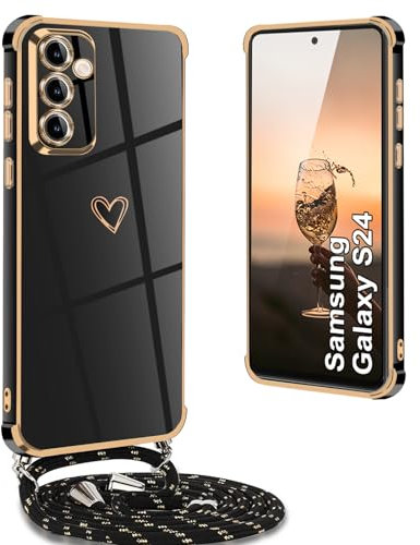 Yutwo Coque pour Samsung Galaxy S24 avec Cordon, Coque pour Samsung S24 avec Collier Housse Silicone avec Motif Coeur d'amour Antichoc Réglable Étui pour Samsung S24 avec Cordon, Noir