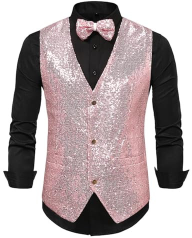 Duohropke Gilet à paillettes pour homme et femme - Accessoire de costume disco - Carnaval et fête à thème - Gilet à paillettes doré argenté noir bordeaux - Carnaval à paillettes, Rose, XL