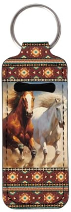 Baxinh Aztec Horse Printed Lipstick Holder Keychain for Women Girl Portable Car Key Accessories, Neoprene Universal Chapstick Holder Keychain Lip Balm Holder Sleeve Case