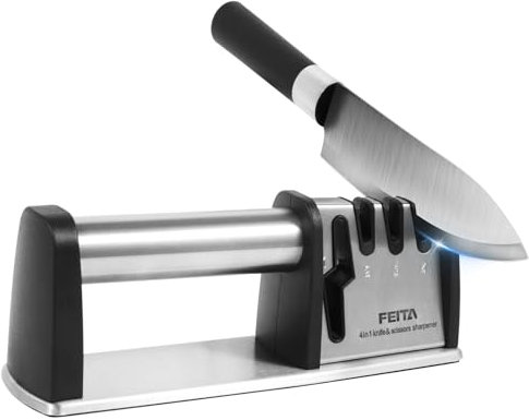 Knife Sharpener Tool, FEITA 4in1 Scissor & Knife Sharpening Tools, Best Stainless Steel Kitchen Gadgets Pro Sword Sharpener Work Sharp for Steel Knives, Manual Pocket Kitchen Appliances
