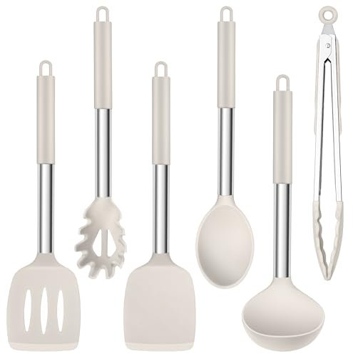 Herogo Kitchen Utensil Set, 6 Pieces Silicone Cooking Utensils, Heat Resistant Stainless Steel Handle Cooking Tools Set, Non-Stick Spatula Turner Spoon Tong for Cookware, Easy to Clean - Khaki