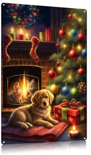 Targa in latta con gatto e cane, in stile vintage, in alluminio, decorazione rustica da parete per la casa e le vacanze, 30,5 x 40,6 cm, targa in latta retrò