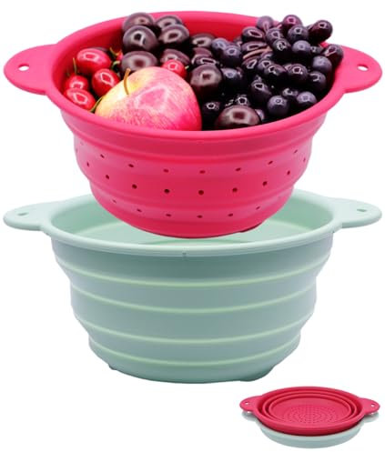 FUSMYE Set 2 in 1 scolapasta pieghevole in silicone, senza BPA, portatile, per lavare frutta e verdura, per campeggio, escursionismo, cucina, lavabile in lavastoviglie