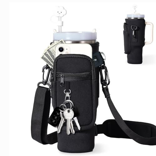 Tragetasche für Stanley Cup 40oz | Stanley Quencher Zubehör | Stanley Cup Tasche mit Handytasche, Tragegriff Verstellbarer Schultergurt Karabiner Strohhülle (Schwarz)