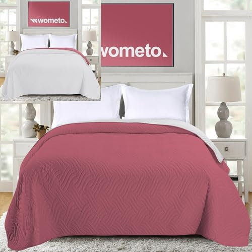 wometo Tagesdecke 170x210 cm OekoTex - Microfaser-Bezug rosa hellgrau wattiert gesteppt Wende-Design XXL Sofa Couch Bett Bettüberwurf