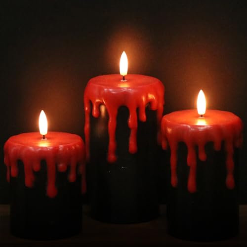 Eldnacele Halloween LED Pillar Candles Flickering with 6H Timer, Battery Operated Real Wax Flameless Candles, 3 Pcs Drip Wax Fake Candle for Halloween Decorations, D3 x H 4 5 6