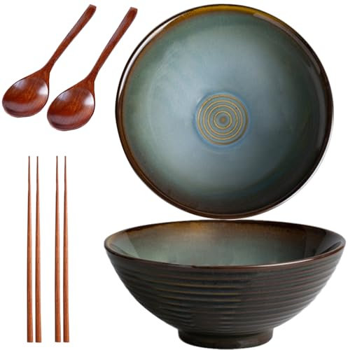 Sightday Noodle Bowl Set of 2 - 1200ml Ceramic Bowl for Pasta, Snack, Soup, Salad, Cereal (Vintage Green) with Ramen Spoons and Chopsticks