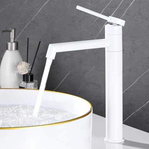 SHANFO Rubinetto Bagno Lavabo Alto, Miscelatore Lavabo Bagno Girevole a 360°, Monocomando Rubinetto Lavandino Bagno, Rubinetto per Lavabo, Bianco, 7M6OK-T