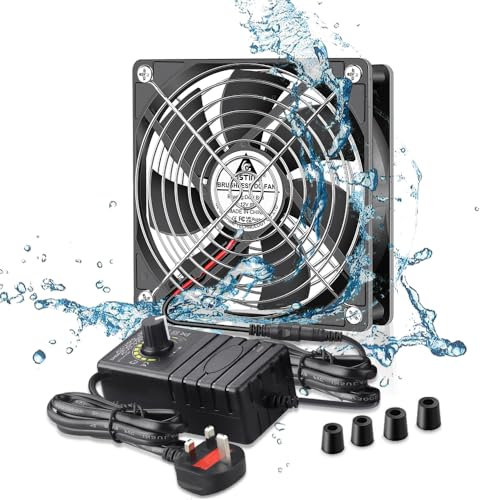 GDSTIME 120mm Fan 12V 120 x 25mm Cooling Case Fan Waterproof IP67 220V 240V AC Plug with 4V - 12V Adjustable Controller Dual Ball Bearing 3000 RPM For Refrigerator Grow tent Ice maker Cooling