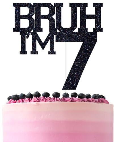 Black Glitter Bruh I'm 7 Cake Topper, Happy 7th Birthday/Bro I'm 7, Funny 7th Birthday Party Decorations Supplies