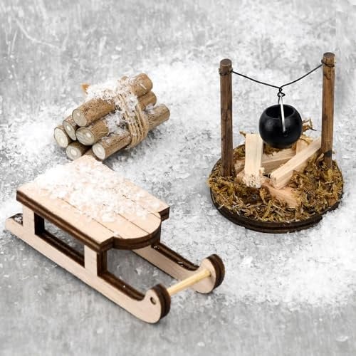 1:12 Miniatur Wichtel Zubehör Lagerfeuer,DIY Puppenhaus Zubehö,1/12 Miniatur Puppenhaus Holzschlitten Lagerfeuer für Winterlandschaften Miniatur Wichtel Zubehör Weihnachten Deko (Keine Öllampen)