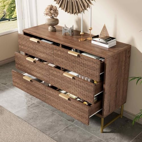 Yardi Yarda Organiseur avec 6 tiroirs, commode avec poignées en métal, buffet avec texture en relief, meuble multifonctionnel en couleur noyer