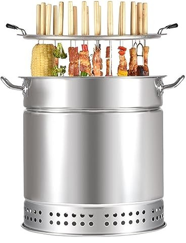 Holzkohlegrill, Räucherfass Smoker, Fassräucher, Holzkohlegrill, Grillfass aus Edelstahl mit 20 Spießen, Grillkorb mit Rollen,