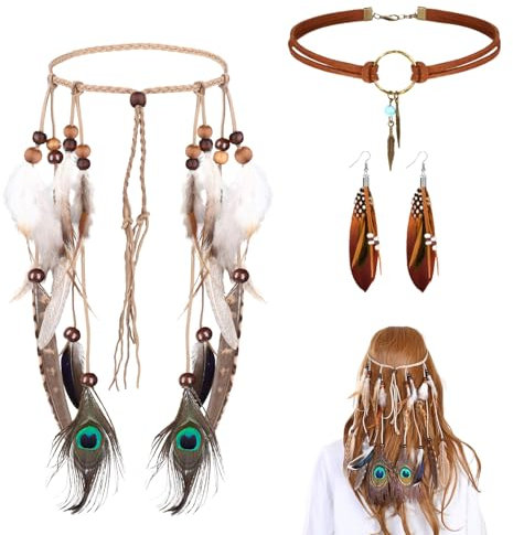 IWTBNOA Indianer Kopfschmuck Set, Brauner Indianer Kostüm Damen, Indian Hippie Boho Feder Stirnband, Feder Dangle Ohrringe, Leder Halskette, Bohemian Schmuck Set für Hippie Vintage Karneval Schmuck