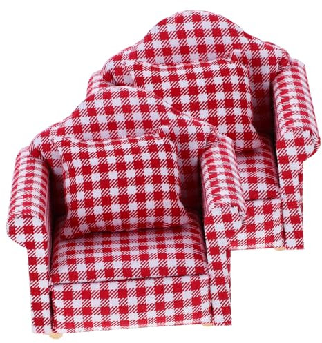 KONTONTY 2-teiliges Puppenhaussofa Kariertes Mini-einzelsofa Miniatur-einzelsofa Aus Holz Puppenhausmöbel Puppenhauscouch Puppenhaussessel Puppenhaus-einzelsofa Mit Kissen