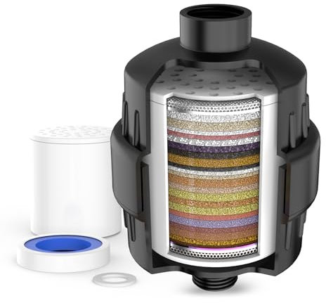 MEKO Filtre de douche à 36 phases avec vitamine C, filtre à eau pour douche avec cartouches de filtre multi-phases remplaçables pour éliminer l'eau dure, le chlore résiduel et les métaux lourds - Noir