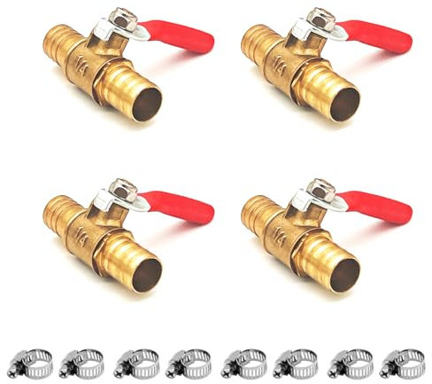 4 Stück 12mm 2 Wege Absperrkugelhahn mit 8 Klemmen, Gerade Schlauchtülle, Schlauchtülle Schalter Messing Kugelhahn, Rohrverschraubungen 180 Grad Bediengriff, Messingventil (12mm)