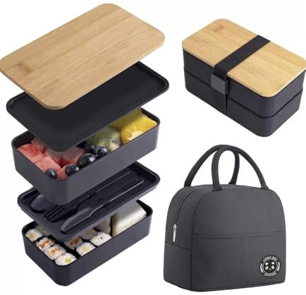zaraf Bento Lunch Box 2 Couches Boite Repas Compartiment 1200 ml Lunchbox Hermétique avec Couverts Kit et Sac Isotherme Repas Boite Bento pour Adultes Enfants Pique-Niques Travail L'école (Noir)