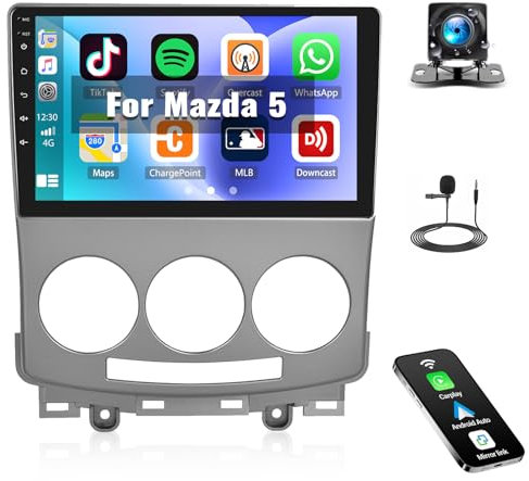SIXTOP 2+64G Autoradio Bluetooth für Mazda 5 2007 2008 2009 2010 mit Wireless Carplay Android Auto, 9 Zoll Autoradio mit Bildschirm SWC GPS WiFi MirrorLink USB FM EQ RDS Rückfahrkamera & Mic