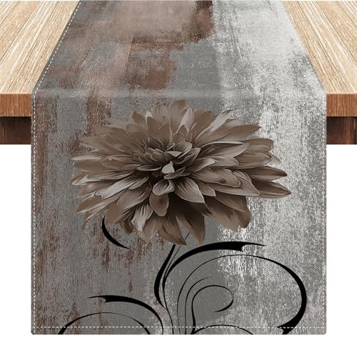 Tischläufer Dahlie Blumen Moderne Boho Grau Blume Tischdecke Abstrakte Kunstmalerei Tischläufer Leinen Landhausstil für Weihnachten Feiertage Küche Bankett Esszimmer 33x183cm Herbst