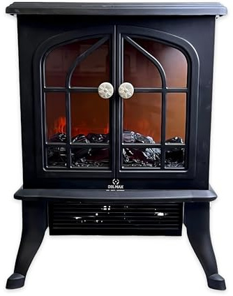 DBL MAX 2000W Electric Fireplace Heater – Log Burning Flame Effect Stove, Freestanding, Realistic 3D Fire, 2 Heat Settings, Thermal Cut-Off Safety, Black Cast Iron Style