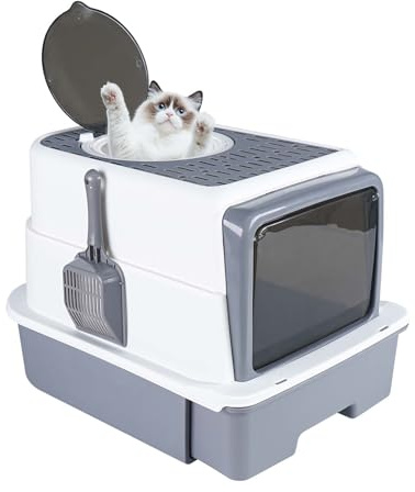 Katzenklo, Katzentoilette, Katzenklo mit Deckel, mit Katzenstreuschaufel, mit ausziehbares Tablett, Gitterdesign an der Oberseite, Zwei Eingänge und Ausgänge, 50 x 35 x 35 cm