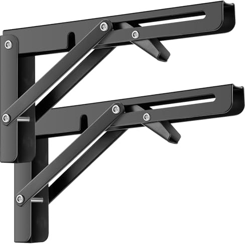 NIGOOLATA Folding Shelf Brackets Heavy Duty Metal Foldable Black 14 Inch Triangle Shelf Bracket, DIY Wall Mounted Folding Table Hinge for Bench Table 2 Pack